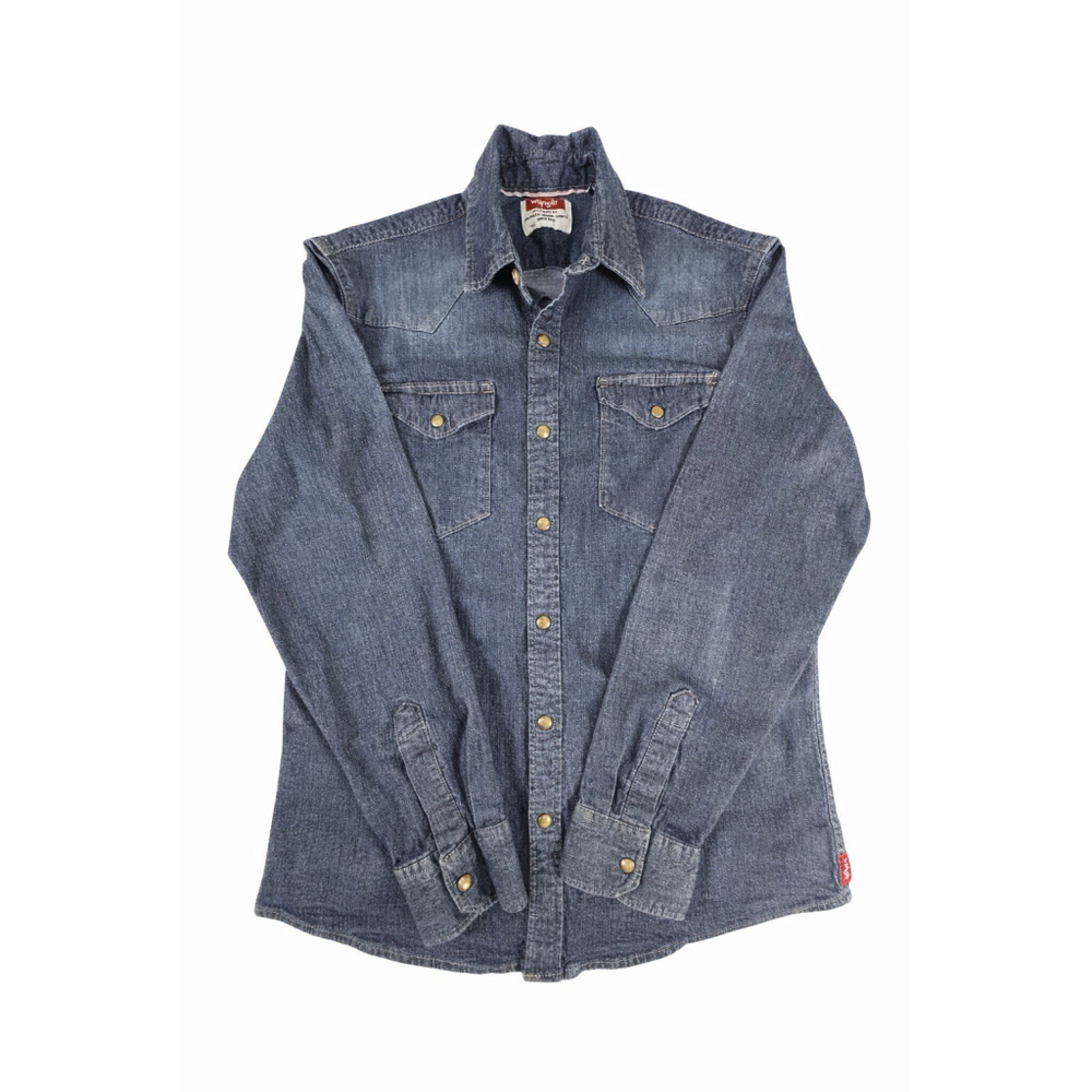 Wrangler Shirt Mens Medium‎ Pearl Snap Blue Indigo Denim Western Rodeo Workwear
